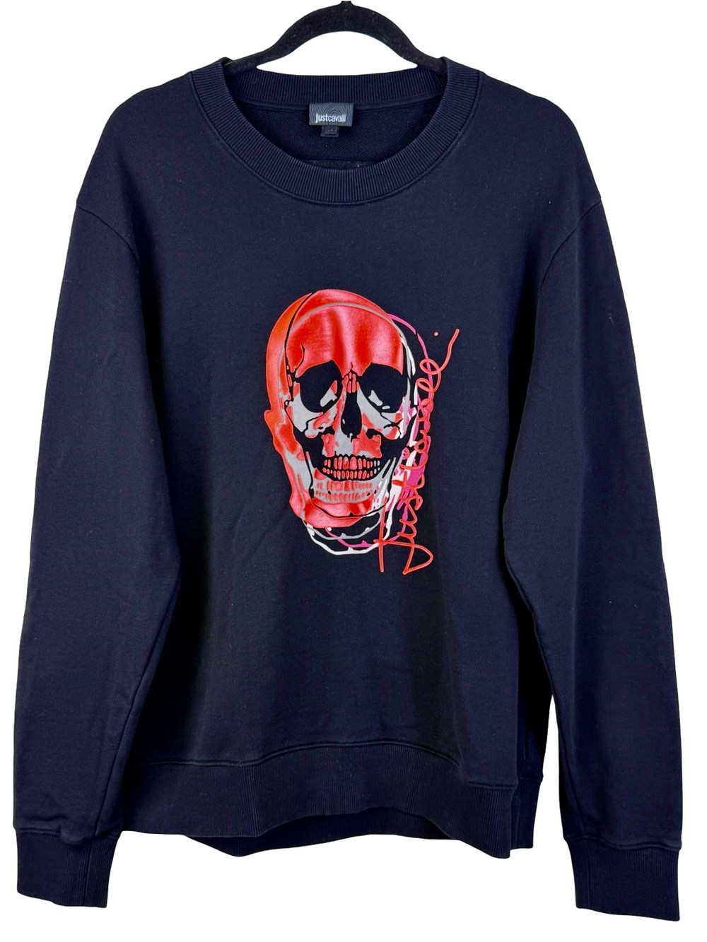 JUST CAVALLI BLACK COTTON SWEATSHIRT WITH SKULL GRAPHICS